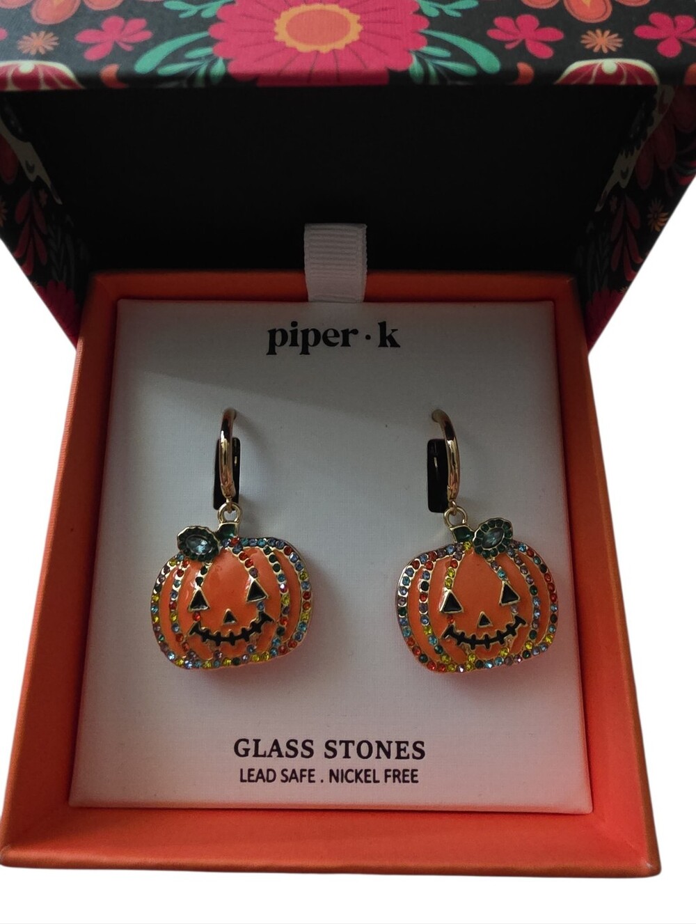 Piper K Orange Pumpkin Jack-O'-Lantern Drop Earrings